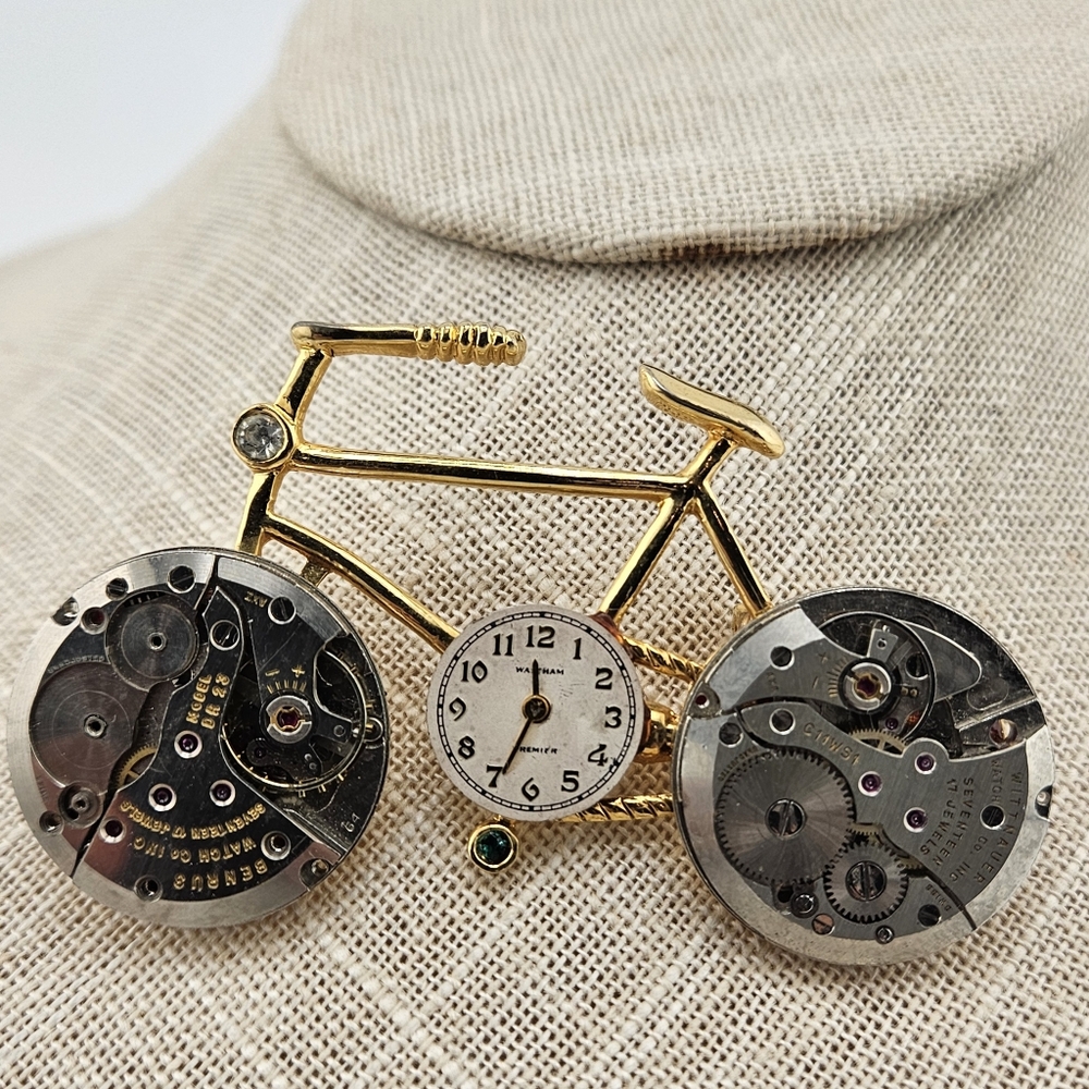 Vintage Bicycle Brooch Pin with Watch Parts